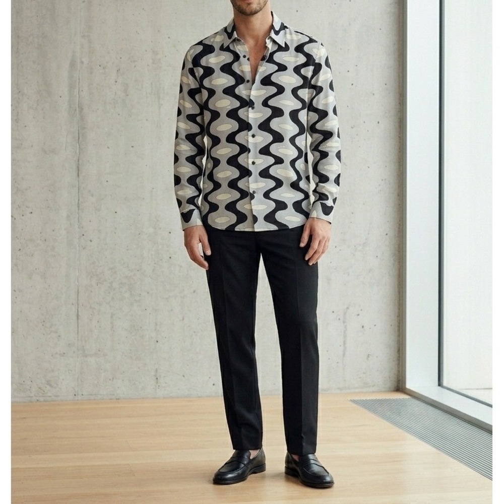 Sandro Mens H22WAVY Geometric Wavy Print Viscose Button Down Shirt Noir Size M